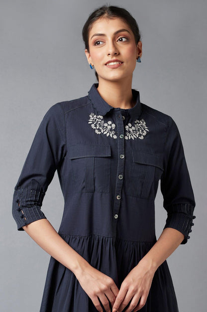 Navy Blue Embroidered Cotton Dress - wforwoman