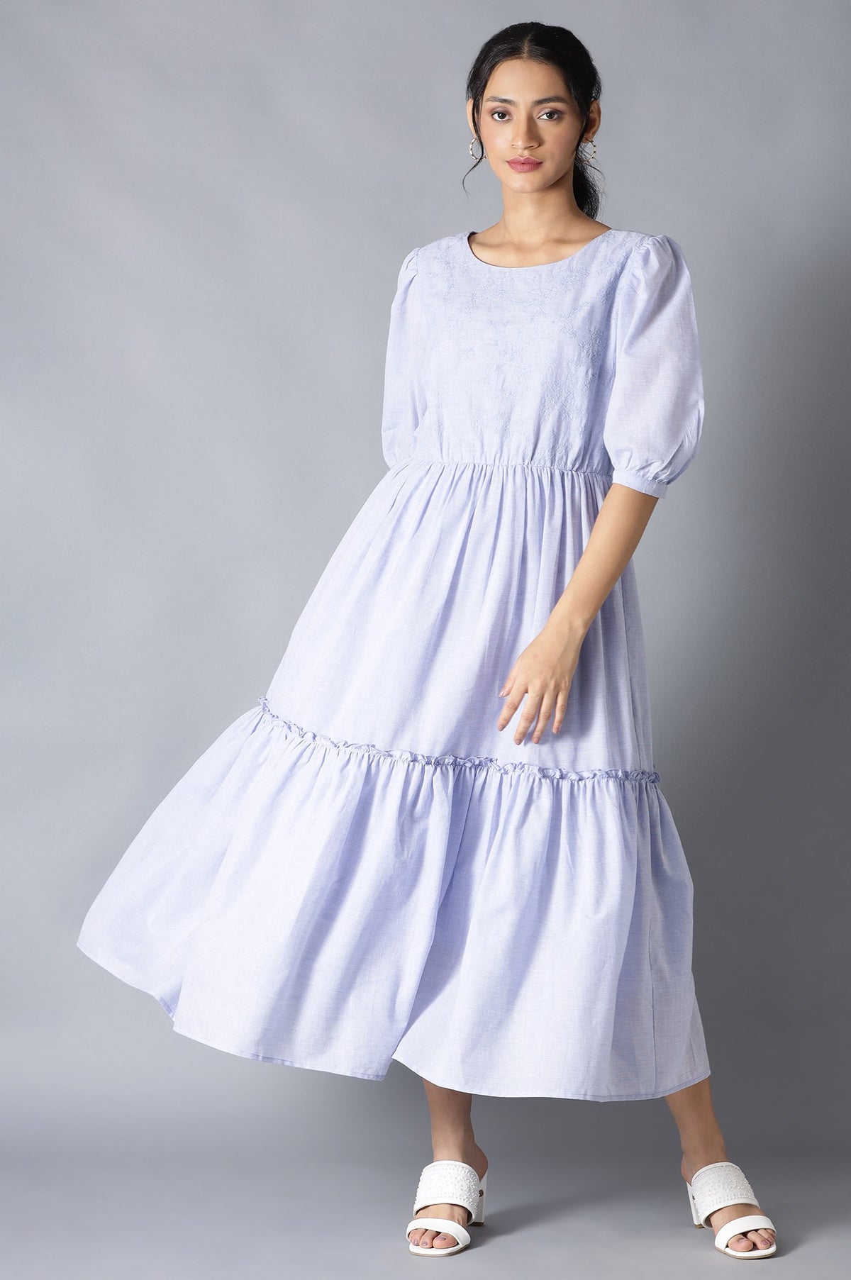 Light Blue Chambray Embroidered Tiered Dress - XS