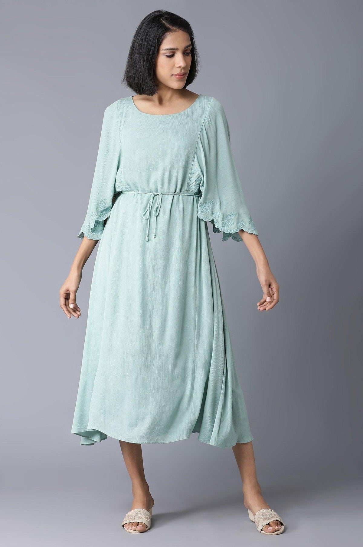 Teal Flutter Sleeve Dress With Waist Belt - XS