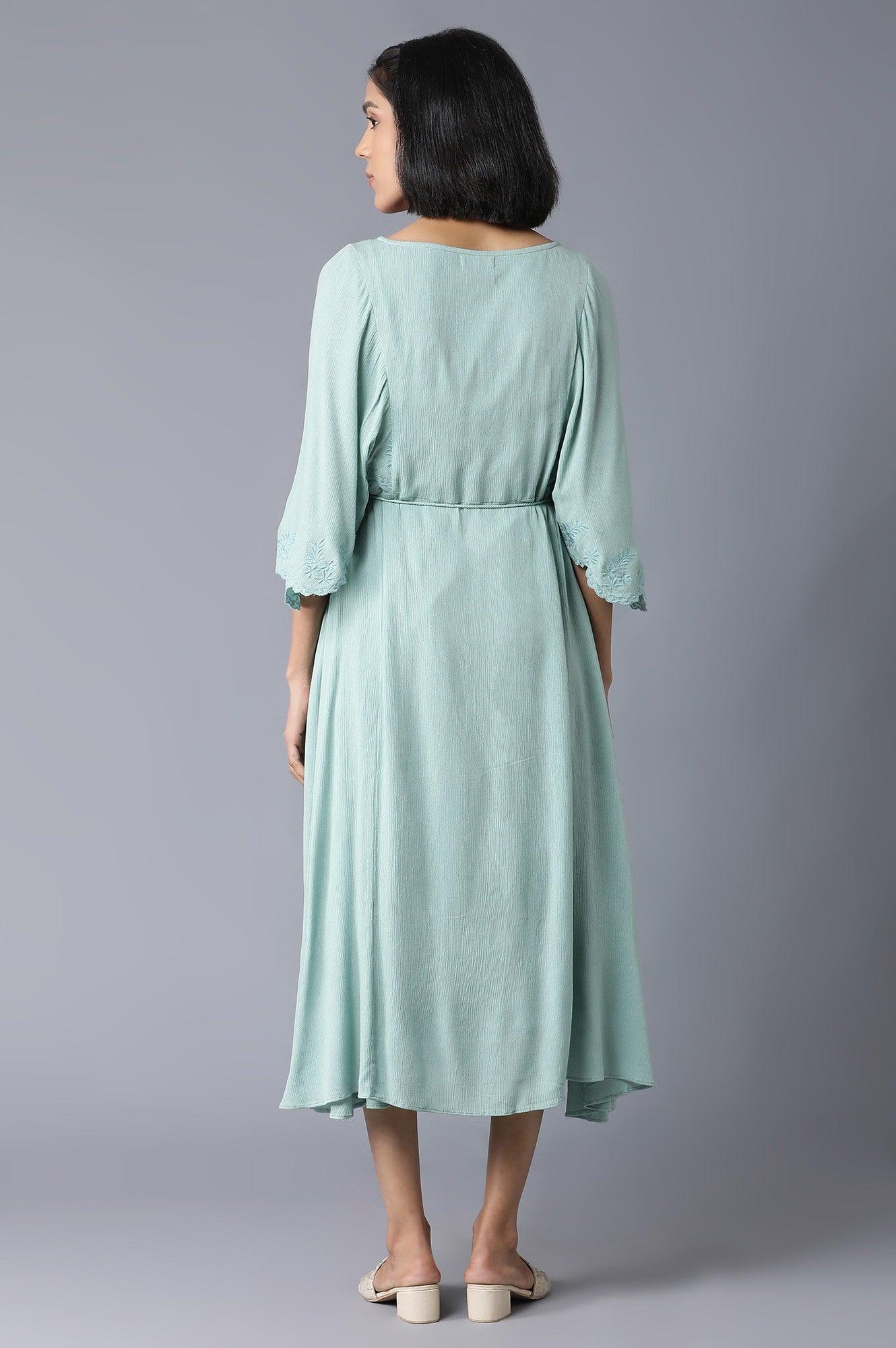 Teal Flutter Sleeve Dress With Waist Belt - wforwoman