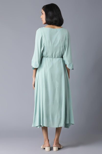 Teal Flutter Sleeve Dress With Waist Belt - wforwoman