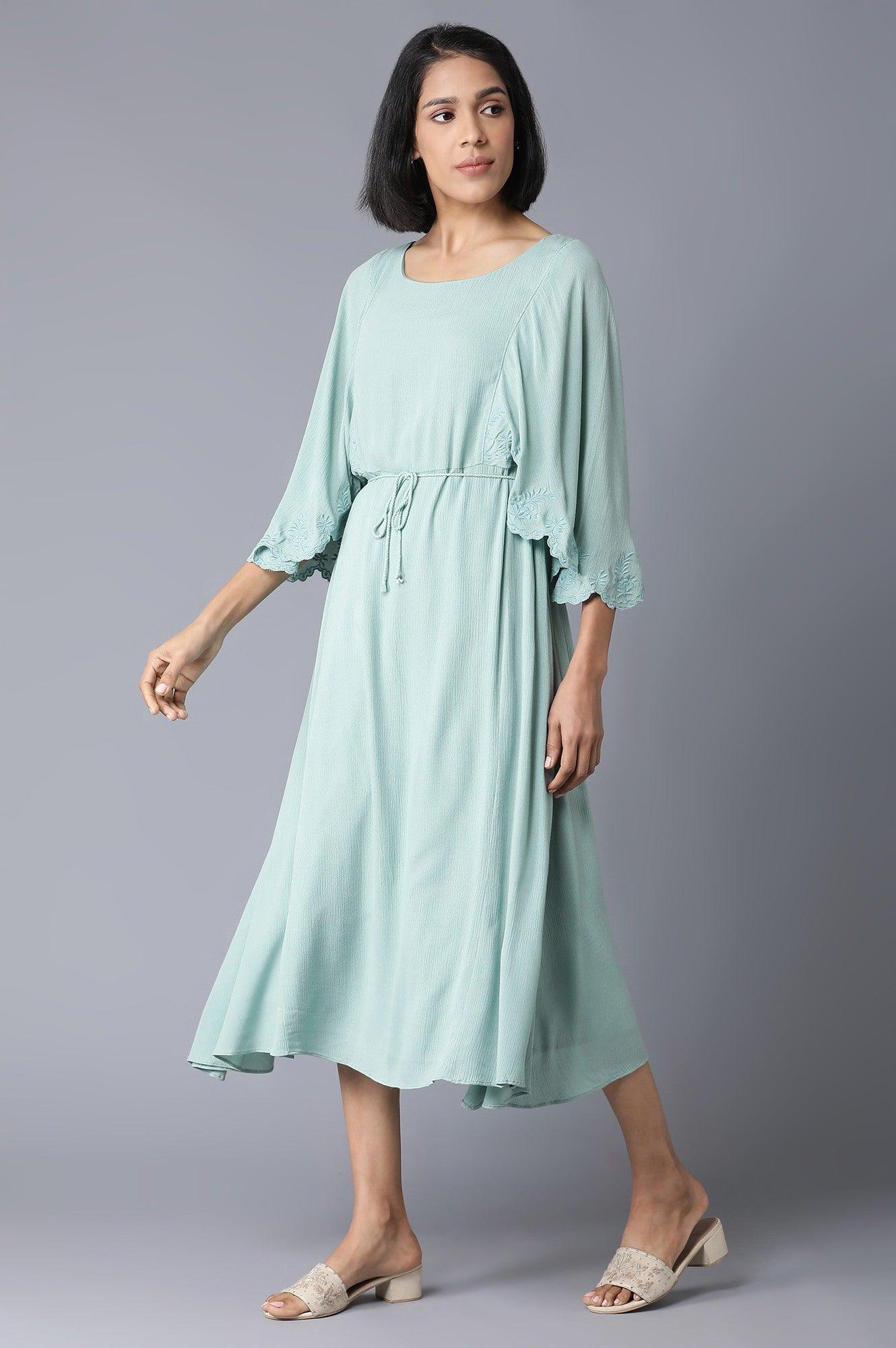 Teal Flutter Sleeve Dress With Waist Belt - wforwoman