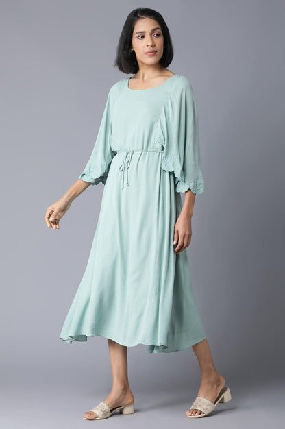 Teal Flutter Sleeve Dress With Waist Belt - wforwoman