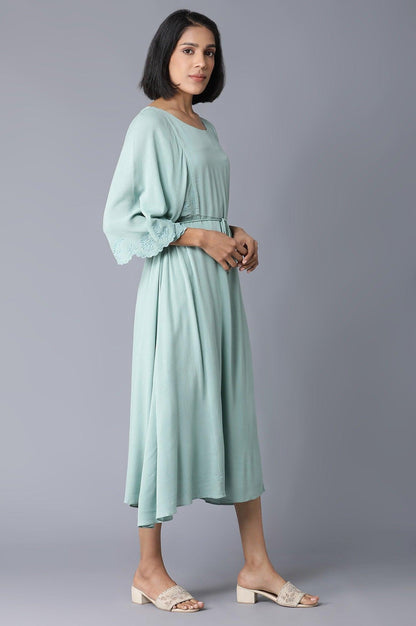 Teal Flutter Sleeve Dress With Waist Belt - wforwoman