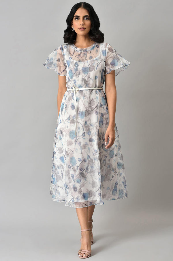 Light Blue Floral Printed Organza Dress with Inner