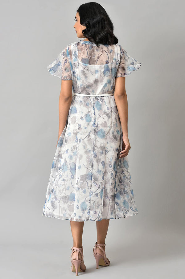 Light Blue Floral Printed Organza Dress with Inner