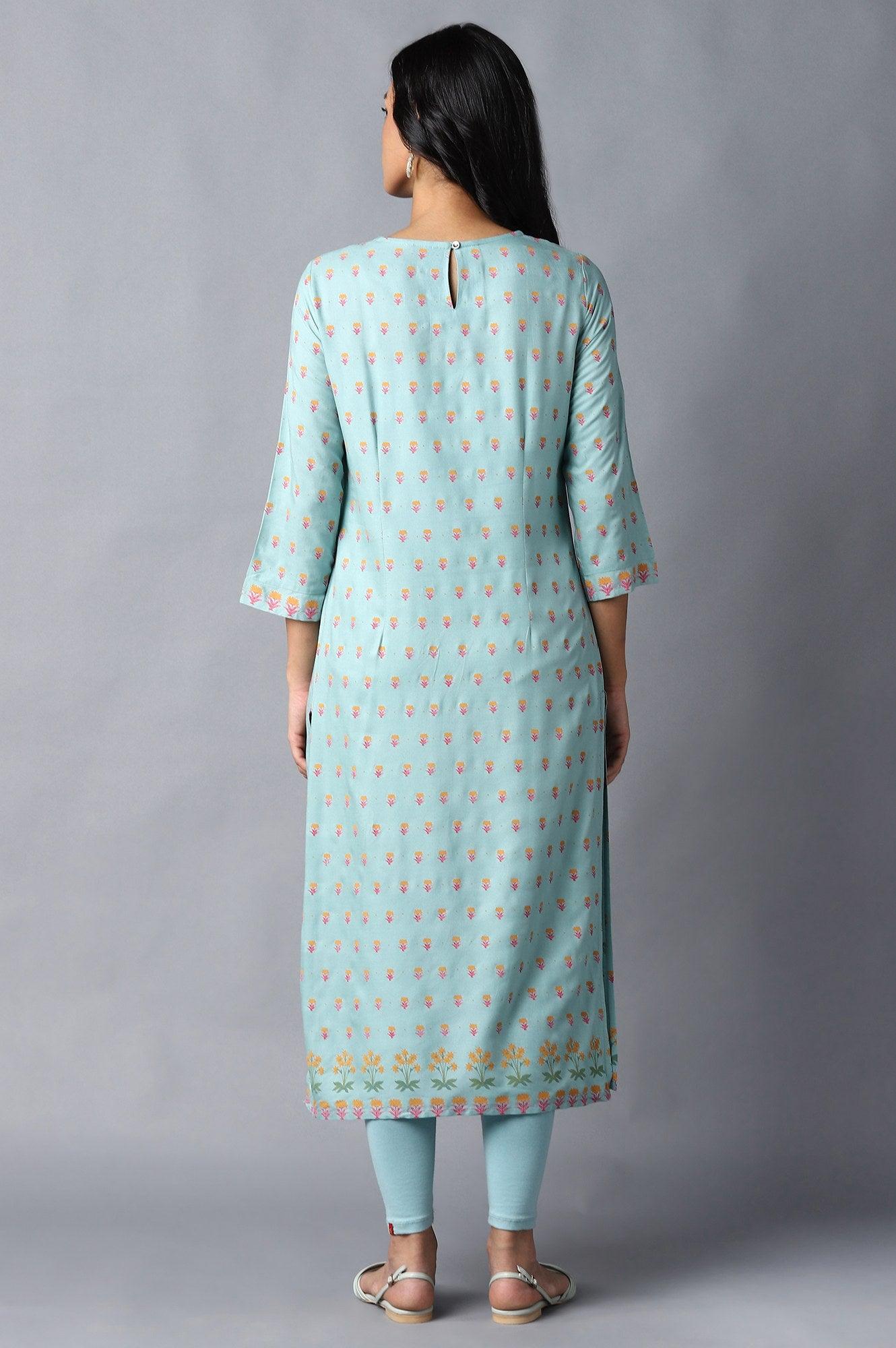 Blue Printed kurta With Thread Embroidery - wforwoman