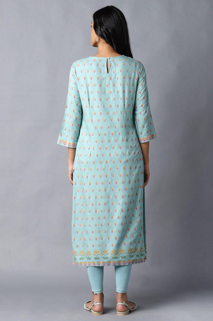 Blue Printed kurta With Thread Embroidery - wforwoman