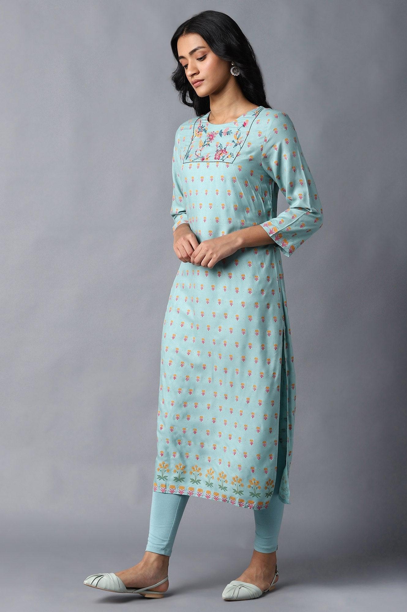 Blue Printed kurta With Thread Embroidery - wforwoman