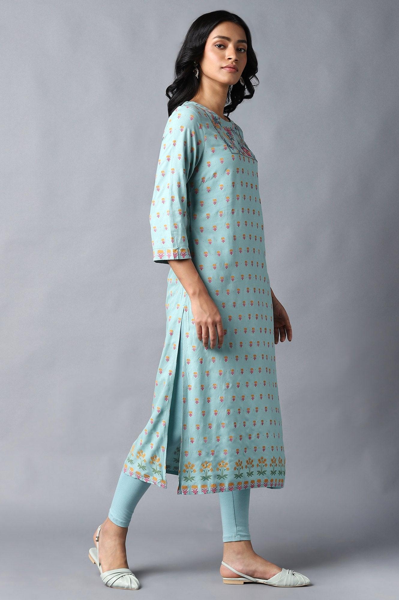 Blue Printed kurta With Thread Embroidery - wforwoman