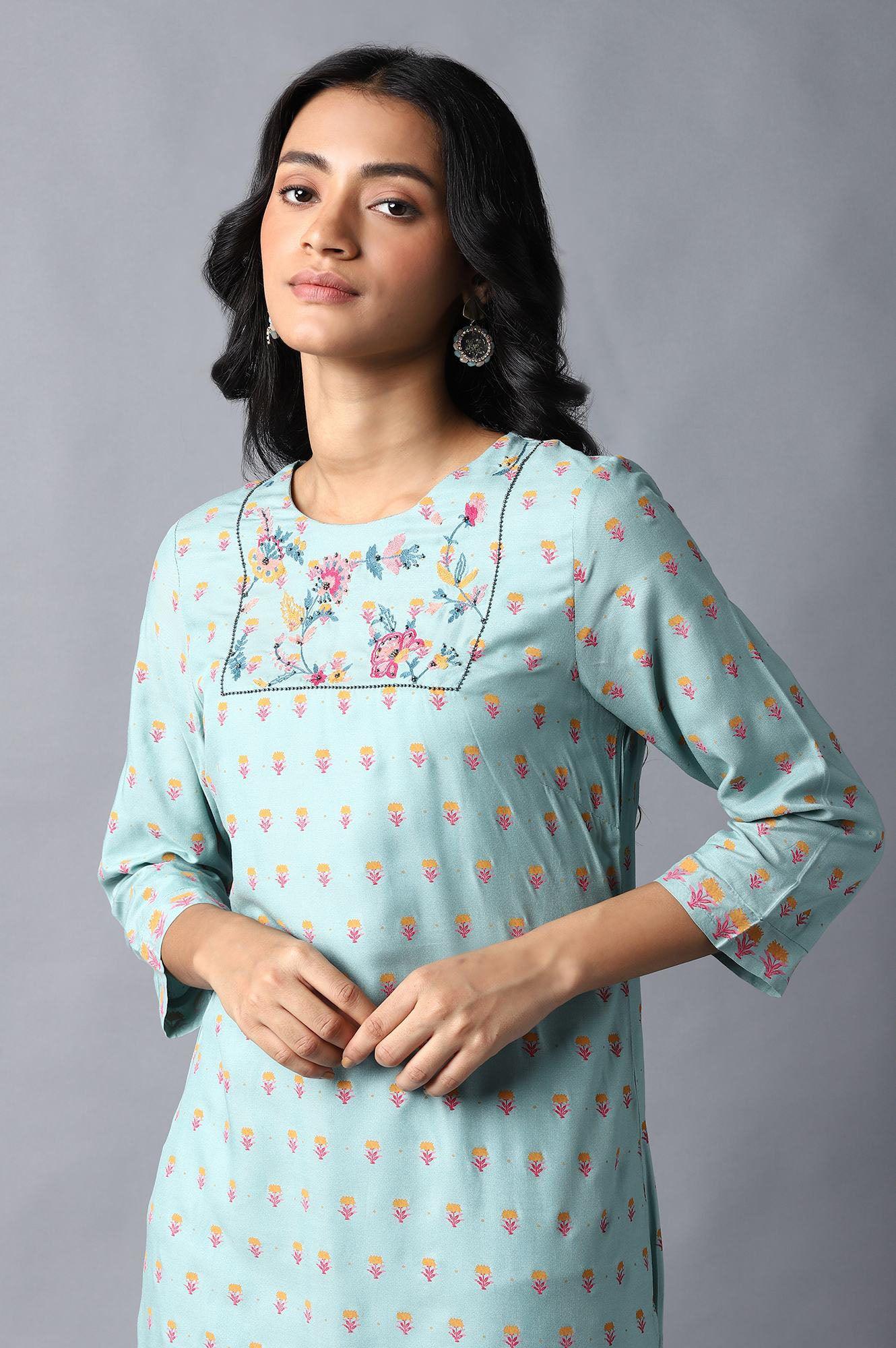 Blue Printed kurta With Thread Embroidery - wforwoman