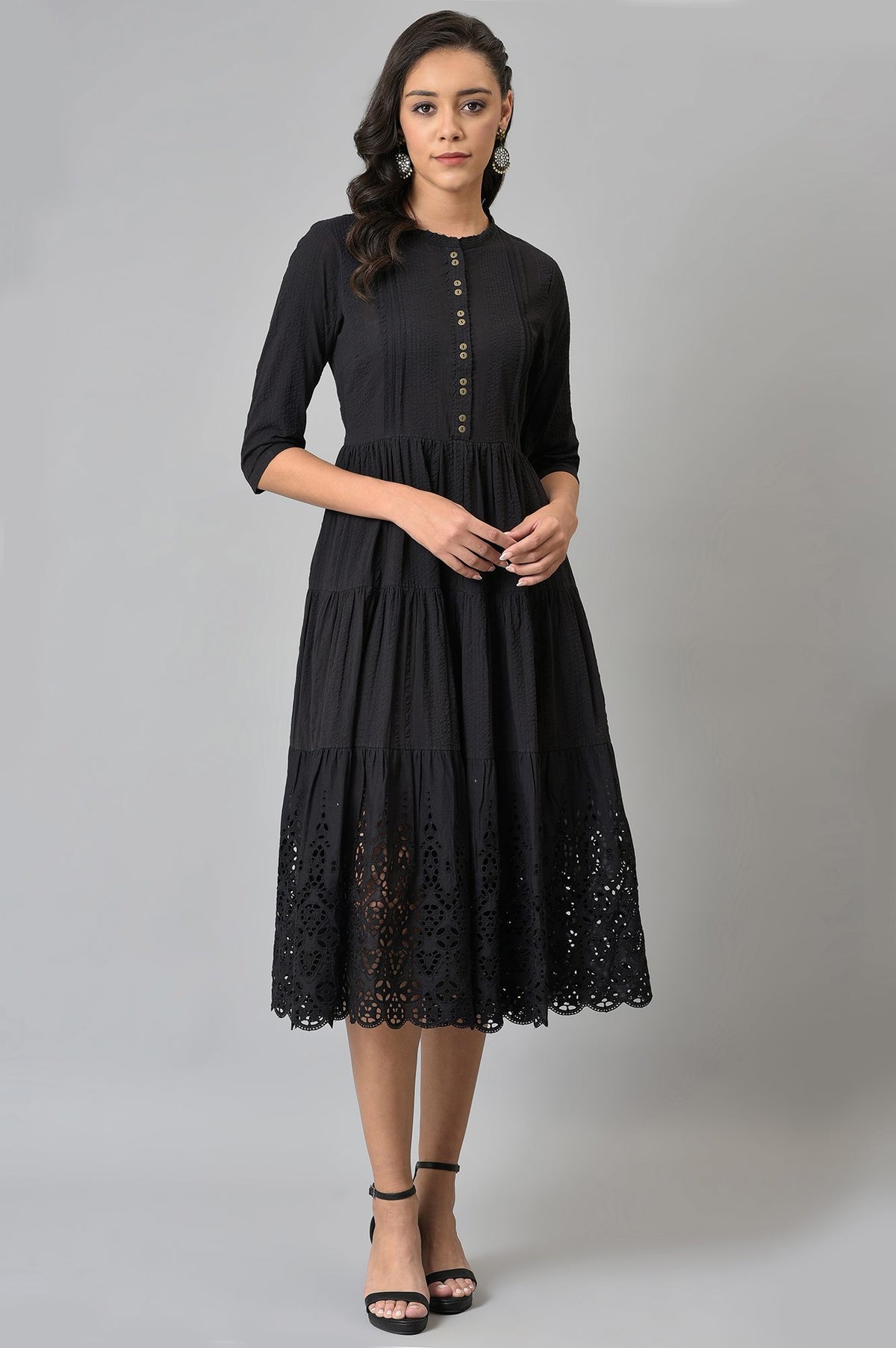 Black Cotton Schiffli Dress With Belt Bag - XS