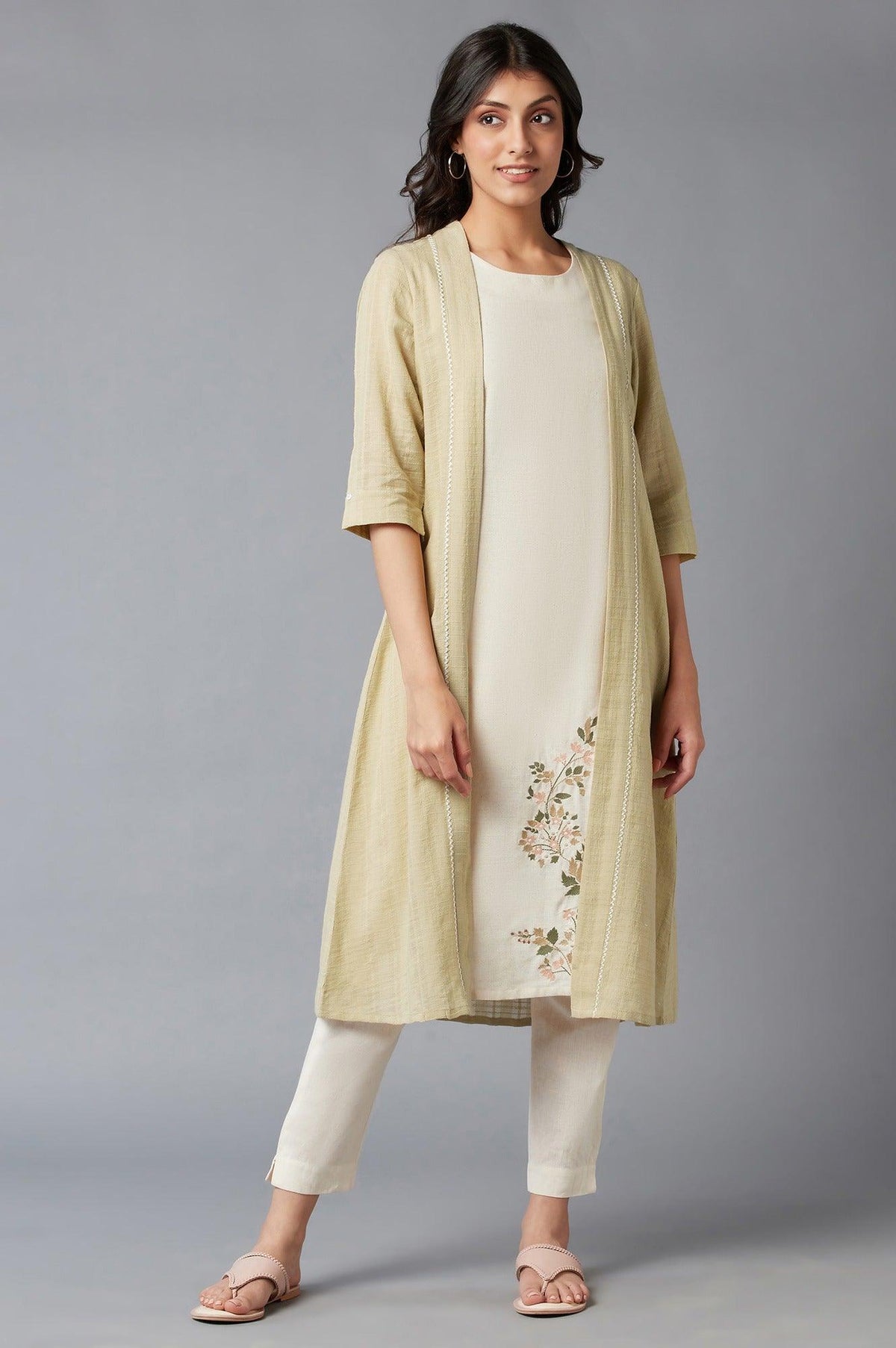 Ecru kurta With Wheat Yellow Jacket - XS