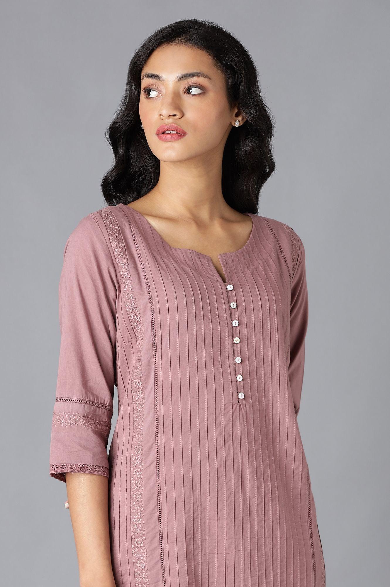 Light Pink Pintuck Cotton kurta - wforwoman