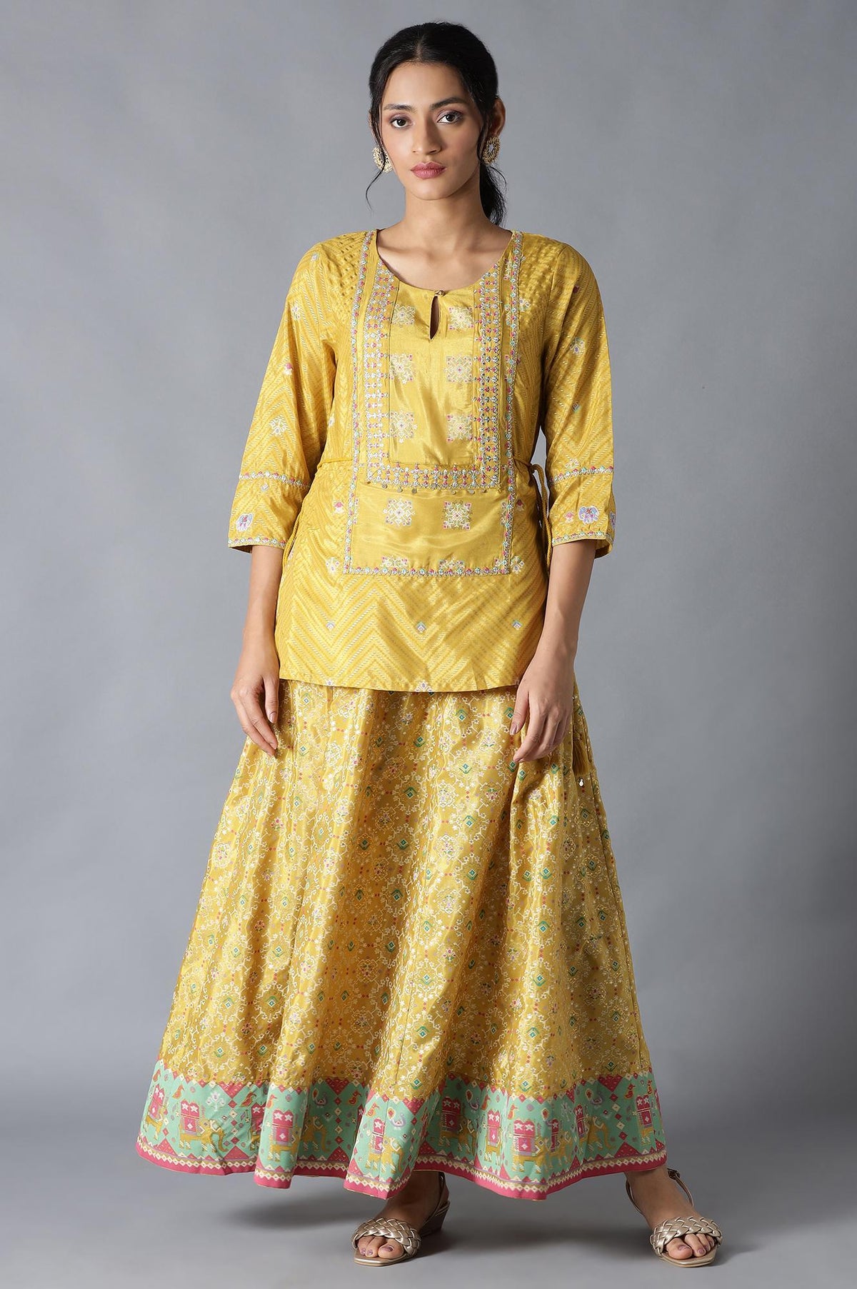 Yellow Printed Attached 'Top And Skirt' Dress - XS