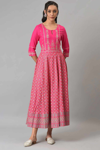 Bright Rose Pink Glitter Printed Dress With Embroidery