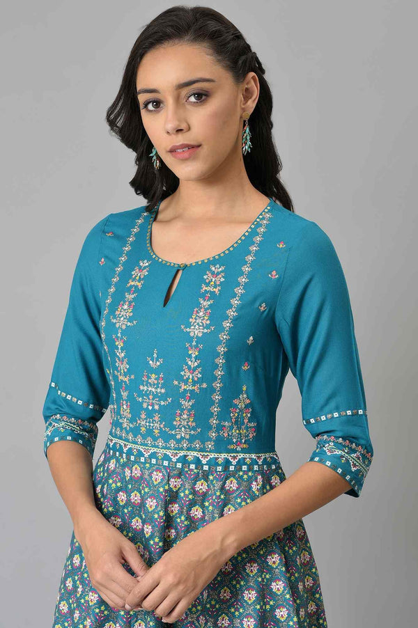 Teal Glitter Printed Dress With Embroidery
