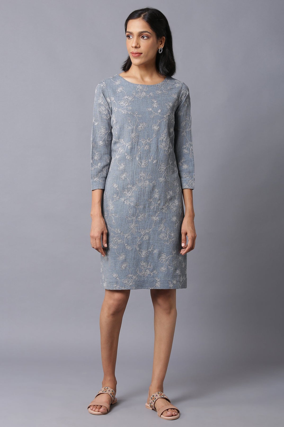 Dark Grey Yarn-Dyed Western Dress In Round Neck - XS