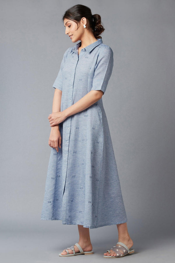 Blue Chambray Embroidered Cotton Dress