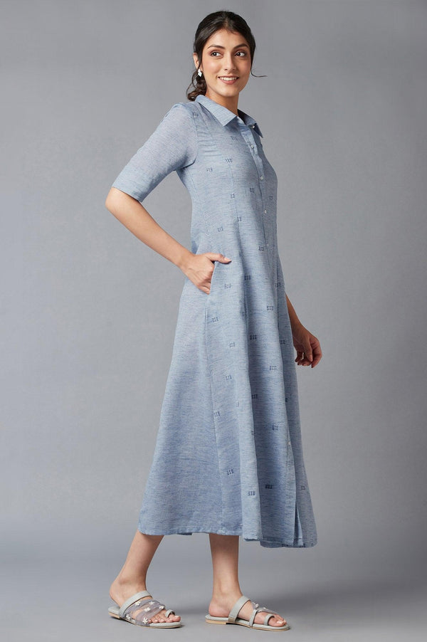 Blue Chambray Embroidered Cotton Dress