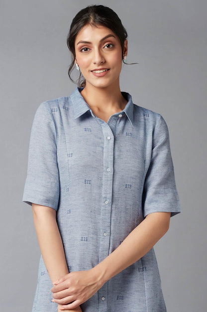 Blue Chambray Embroidered Cotton Dress - wforwoman