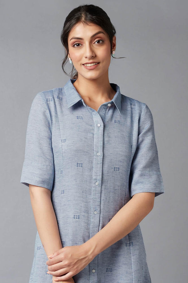 Blue Chambray Embroidered Cotton Dress