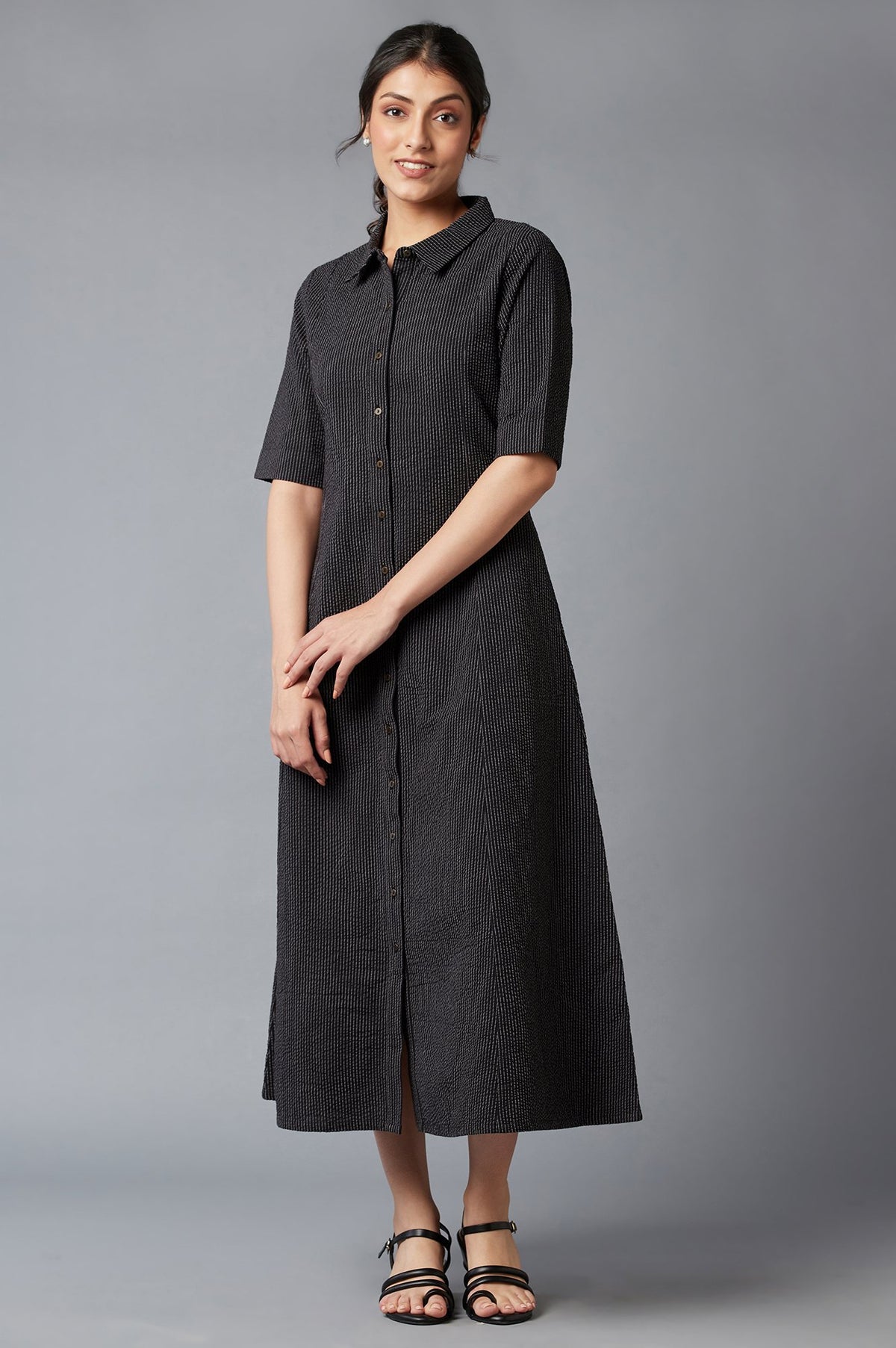 Ercu And Black Embroidered Cotton Shirt Dress - XS