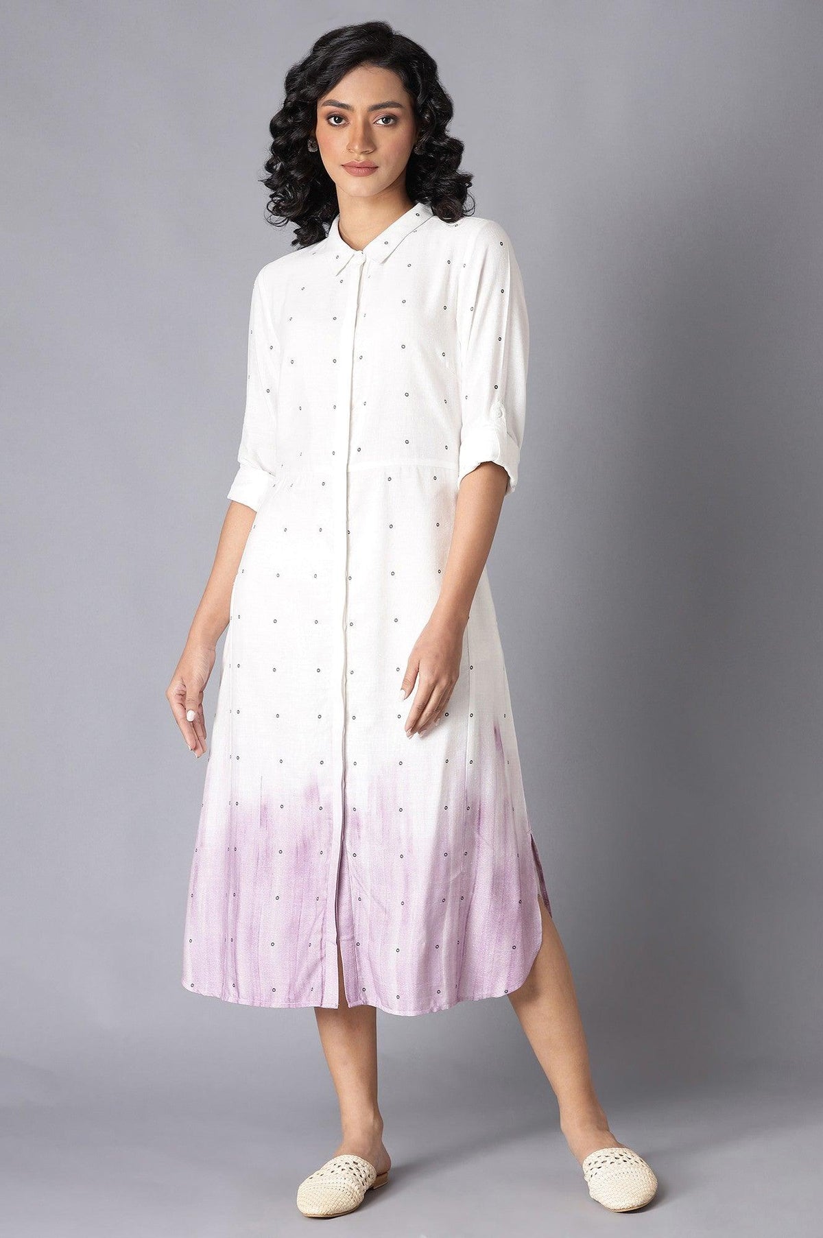 Ecru and Lavender A-Line Long Shirt Dress - XS