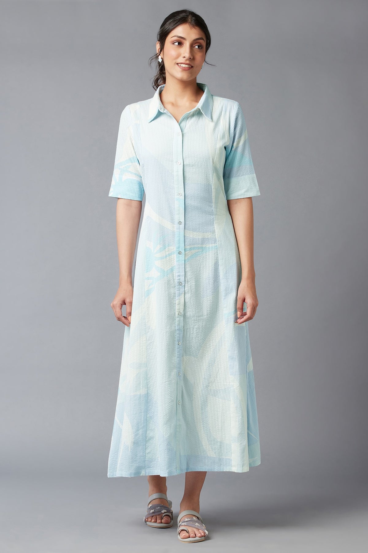 Grey Floral Print Long Shirt Dress - XS