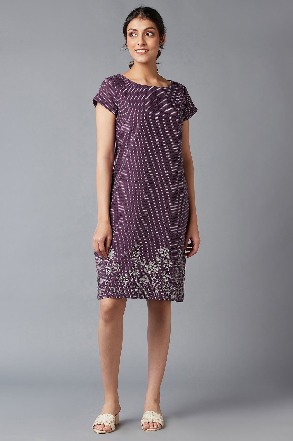 Purple Dobby Cotton Dress In Round Neck - XS