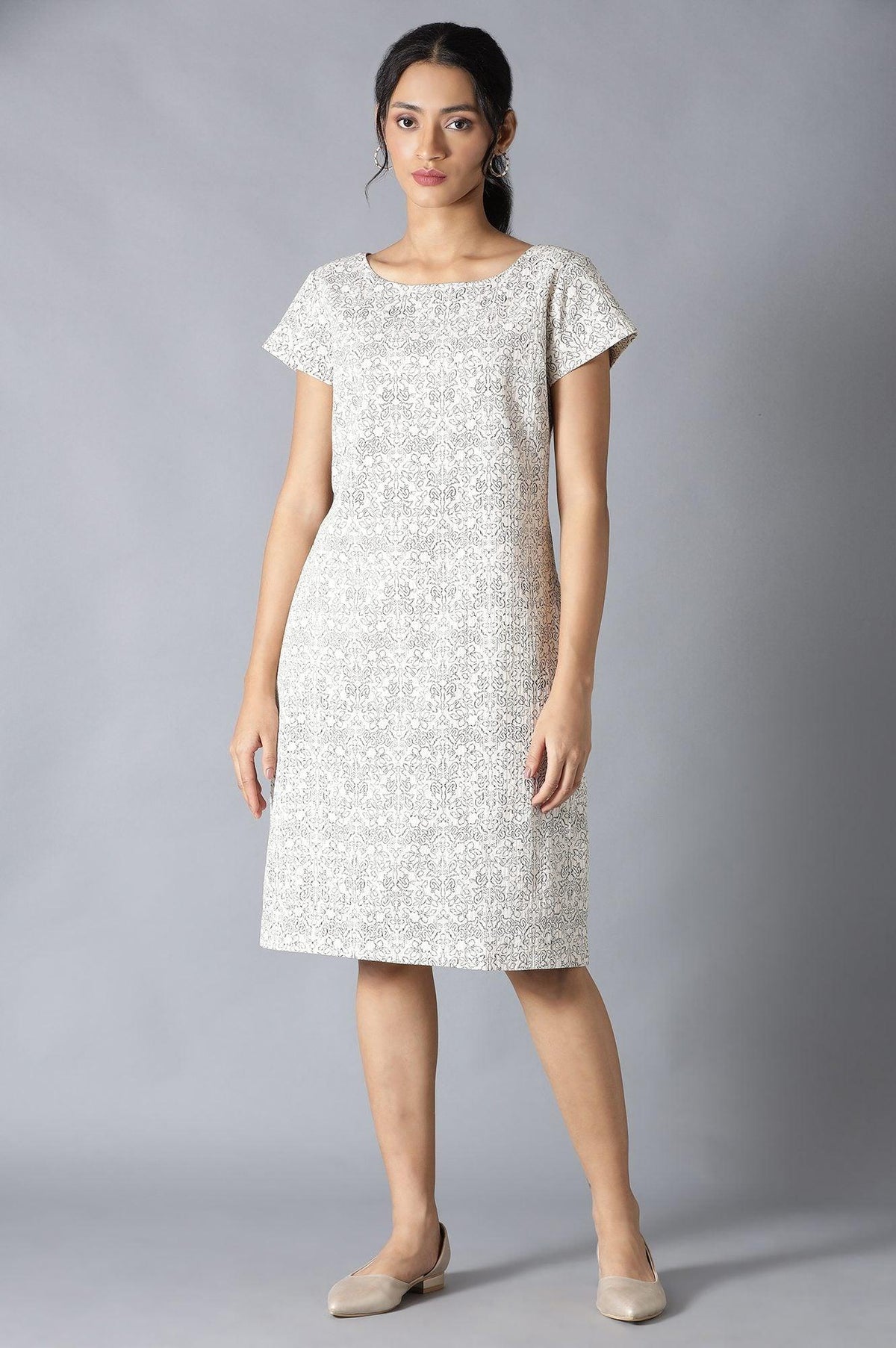 Ecru Cotton Embroidered Dress In Round Neck - XS