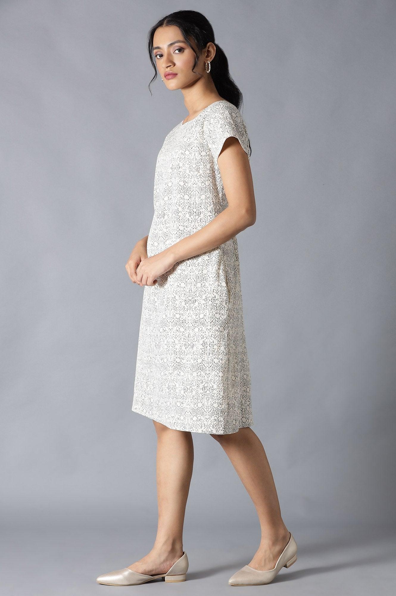 Ecru Cotton Embroidered Dress In Round Neck - wforwoman