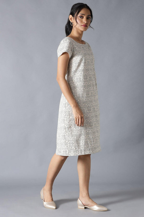 Ecru Cotton Embroidered Dress In Round Neck