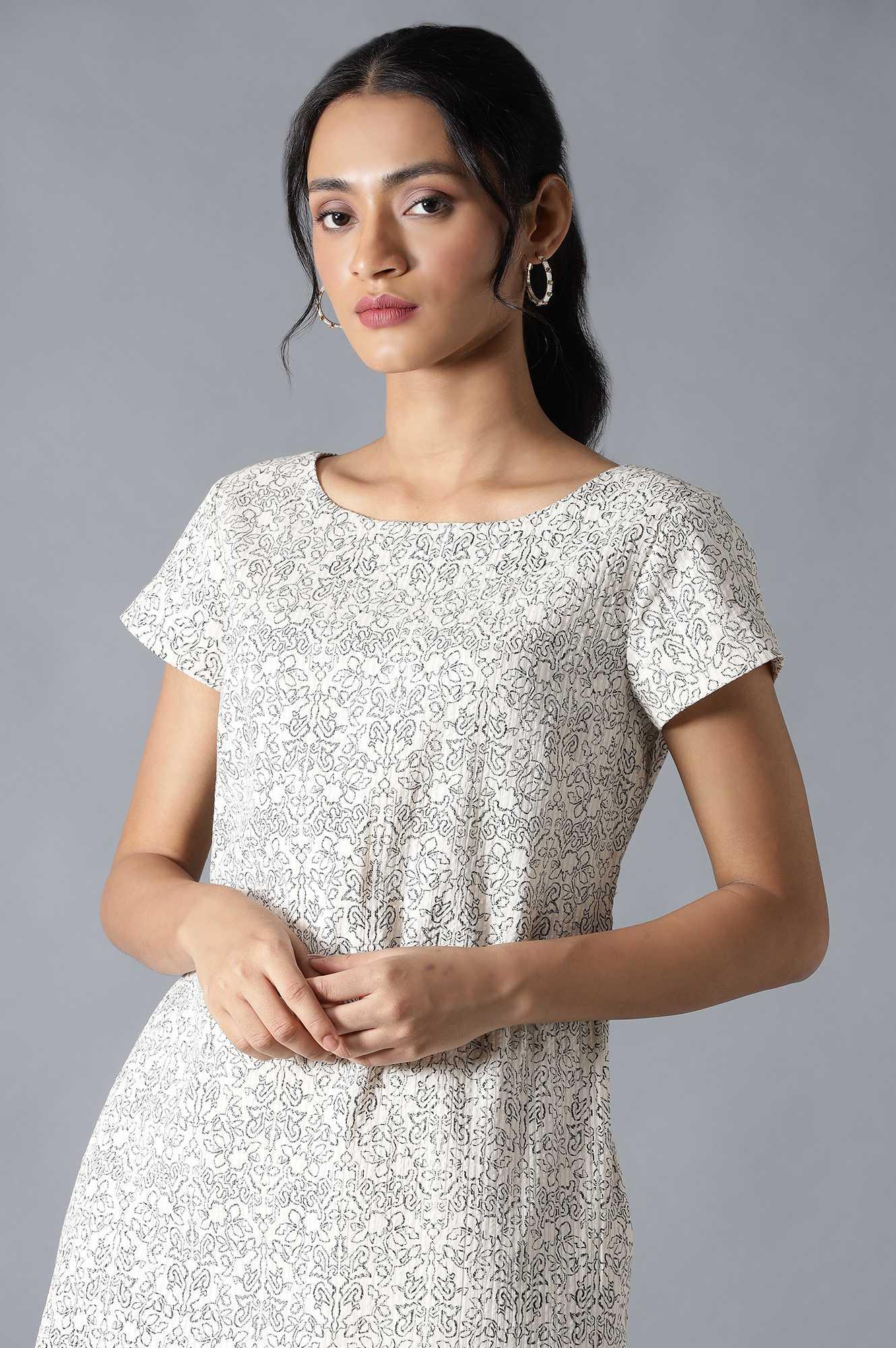Ecru Cotton Embroidered Dress In Round Neck - wforwoman