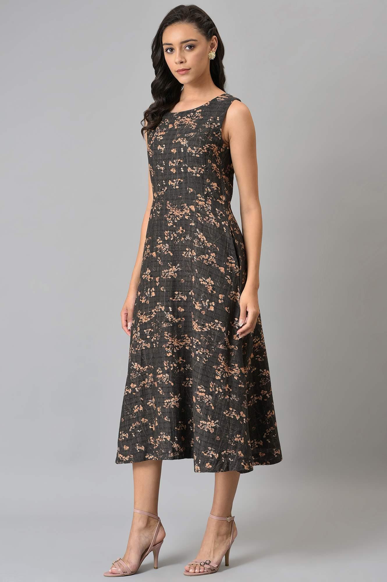Dark Brown Floral Print Maxi Dress - wforwoman
