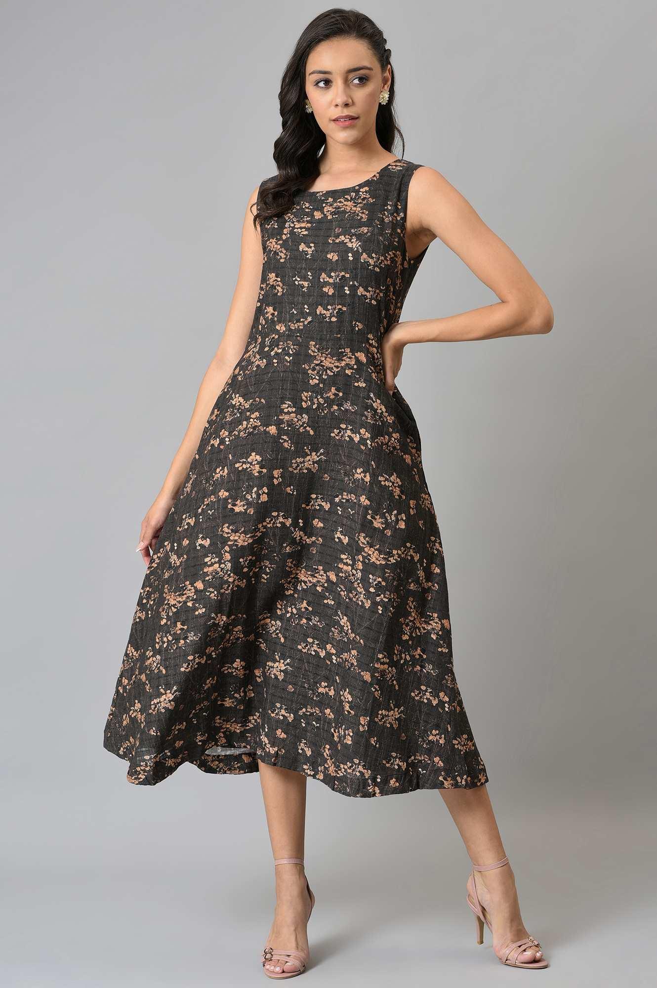 Dark Brown Floral Print Maxi Dress - wforwoman