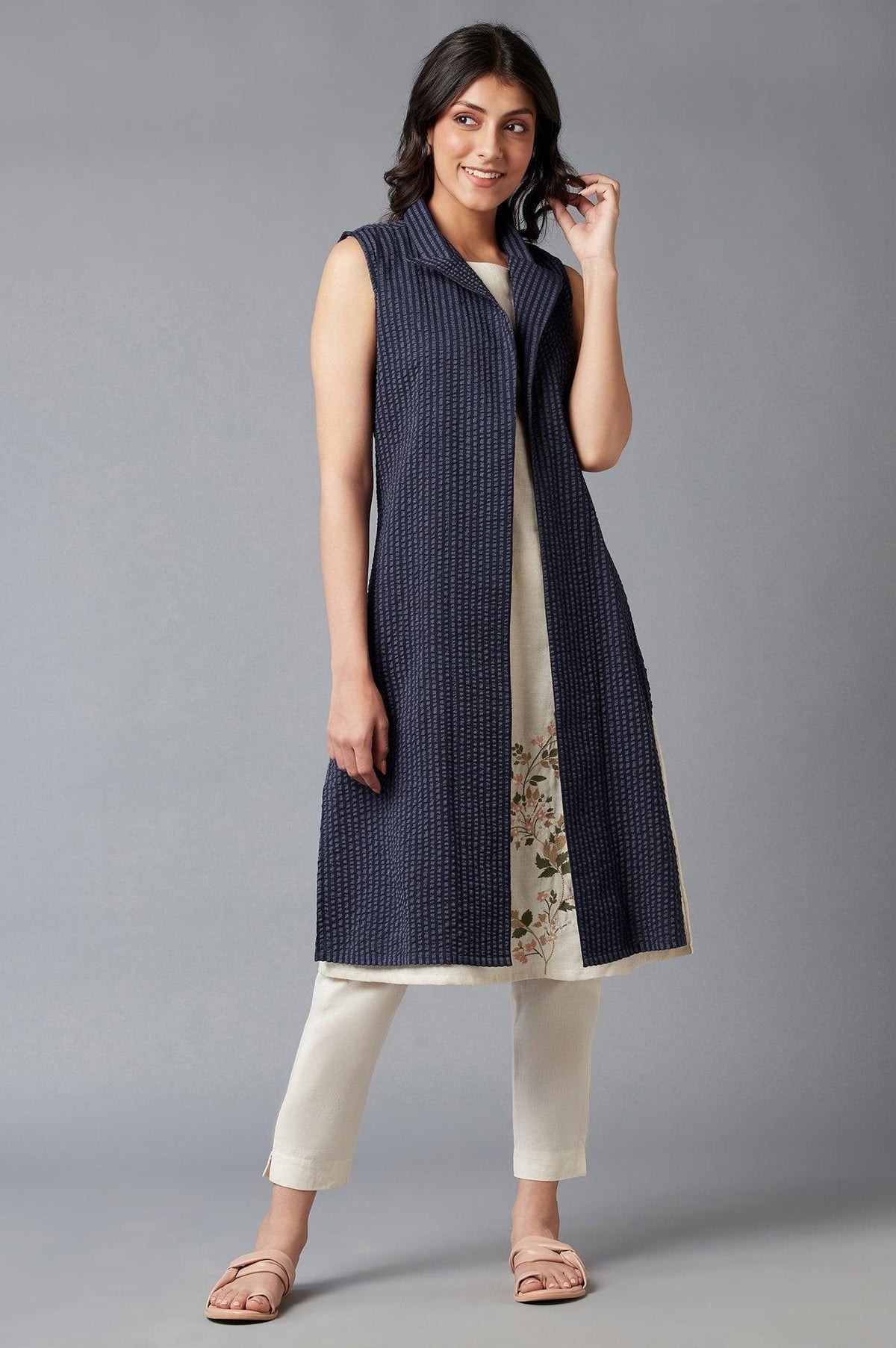 Indigo Stripe Textured Cotton Lapel Collar Jacket - XS