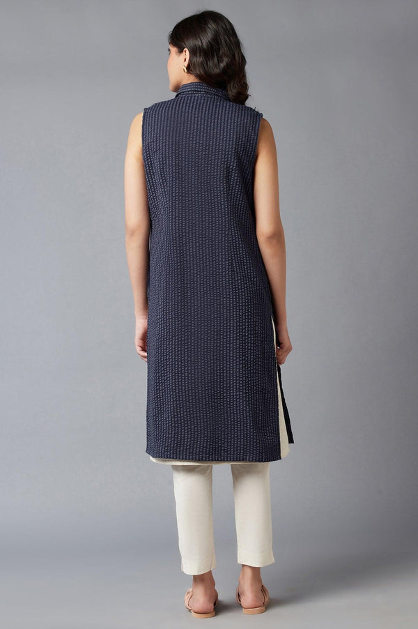 Indigo Stripe Textured Cotton Lapel Collar Jacket