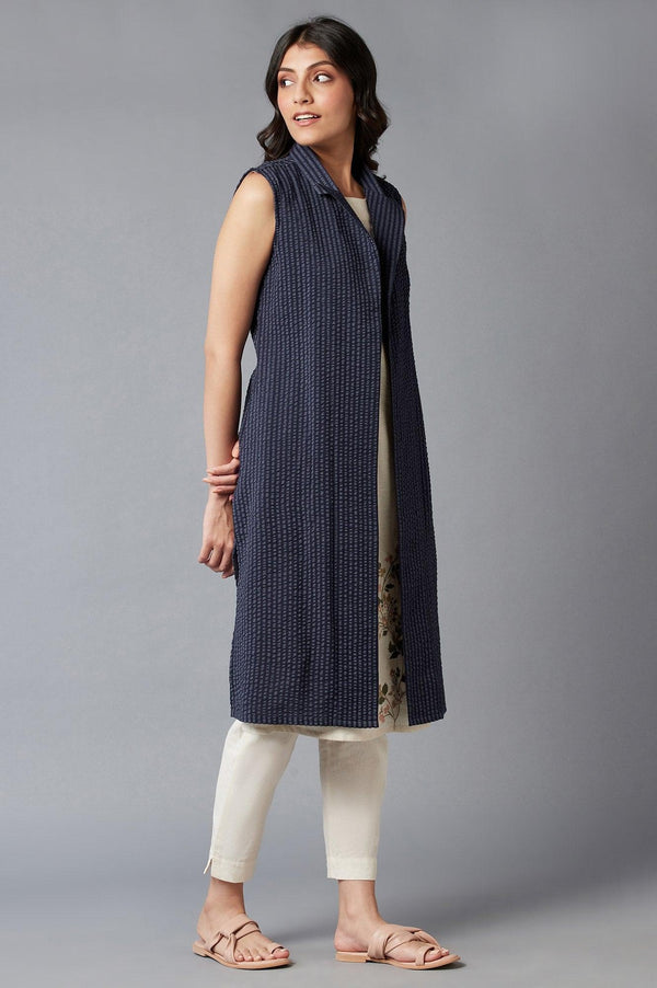 Indigo Stripe Textured Cotton Lapel Collar Jacket
