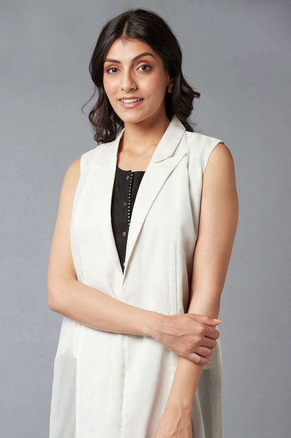 White Straight Textured Cotton Lapel Collar Jacket