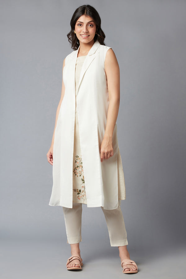 White Straight Textured Cotton Lapel Collar Jacket