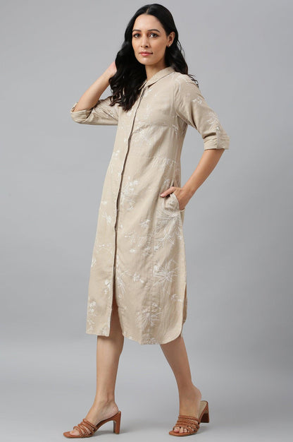 Beige Floral Print Shirt Dress - wforwoman