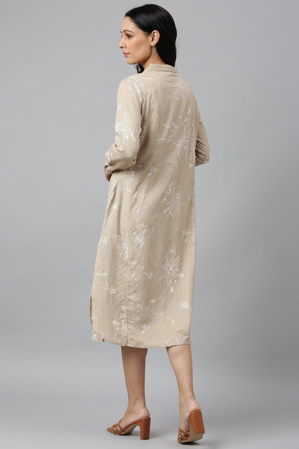 Beige Floral Print Shirt Dress