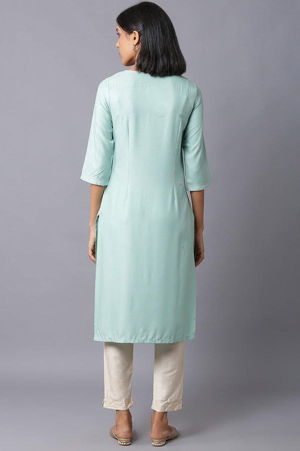 Teal Blue Jacquard kurta With Embroidered Yoke