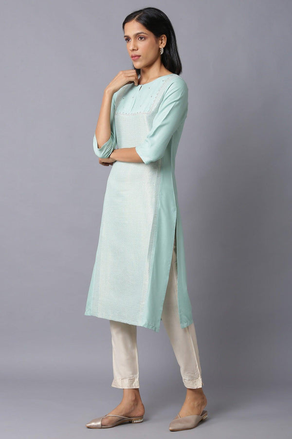 Teal Blue Jacquard kurta With Embroidered Yoke