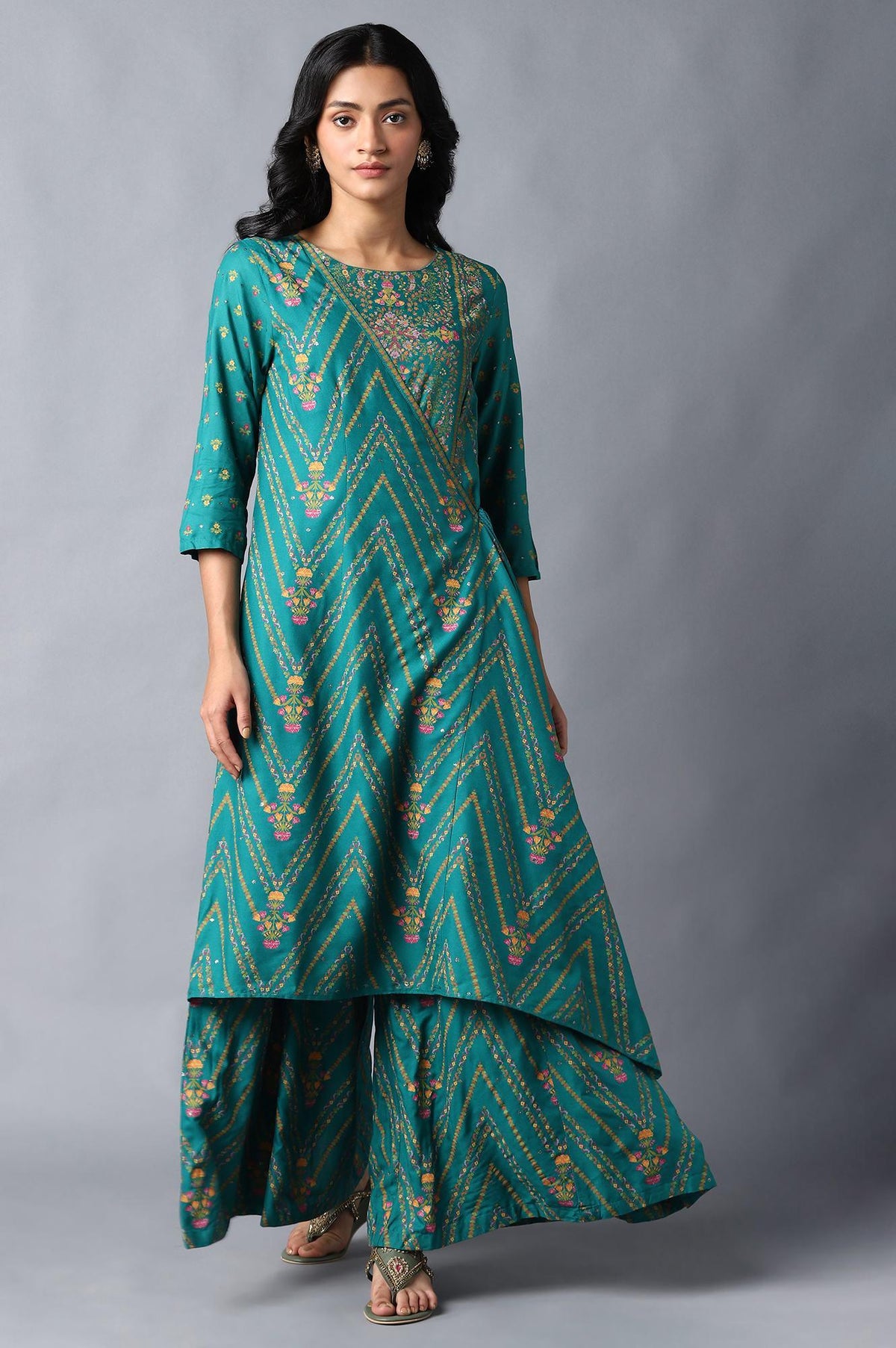Teal Green Angrakha Jumpsuit In Round Neck - XS
