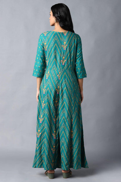 Teal Green Angrakha Jumpsuit In Round Neck - wforwoman