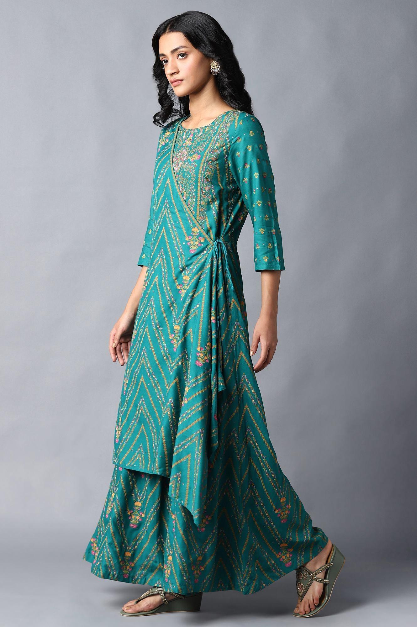Teal Green Angrakha Jumpsuit In Round Neck - wforwoman