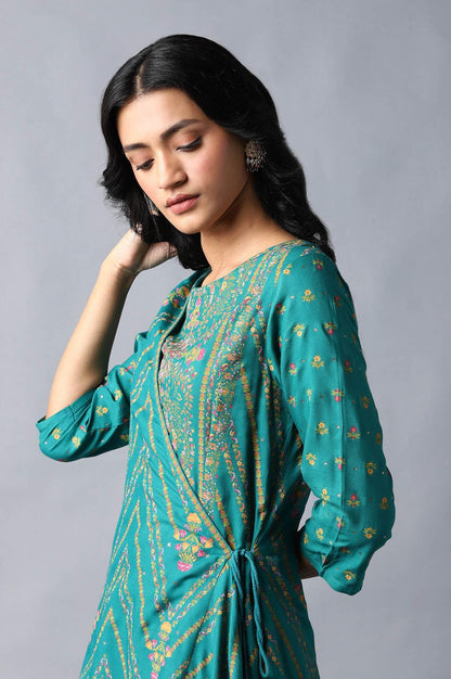 Teal Green Angrakha Jumpsuit In Round Neck - wforwoman