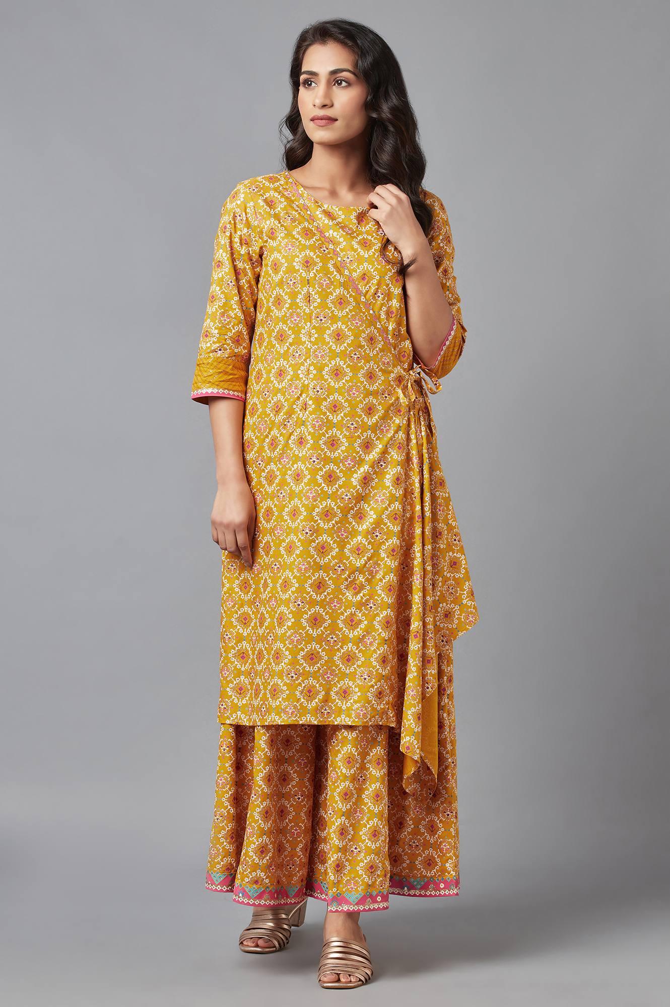 Mustard Yellow Angrakha Jumpsuit in Round Neck - wforwoman